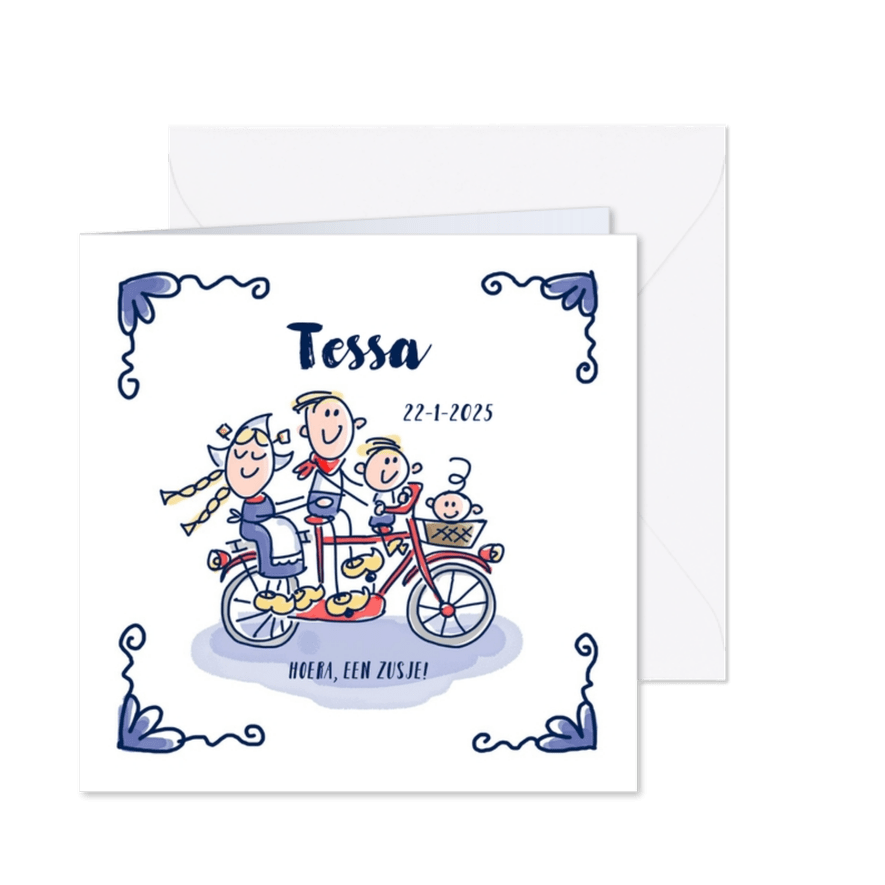 Geboortekaartje delfts blauw met grote broer gezin op fiets - Kaartimpressie