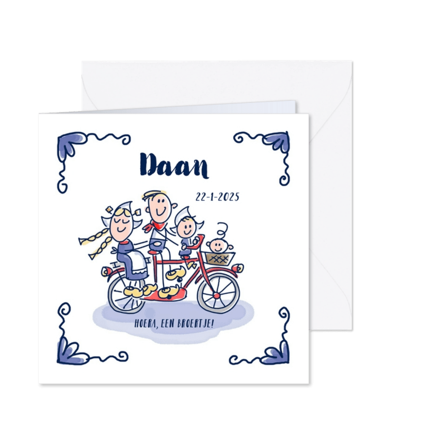 Geboortekaartje delfts blauw met grote zus gezin op fiets - Kaartimpressie