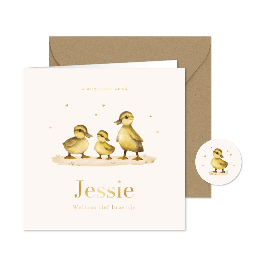 Geboortekaartje derde kindje eendjes lief goud hartjes - Kaartimpressie