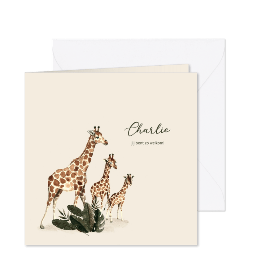 Geboortekaartje derde kindje met getekende giraffen  - Kaartimpressie