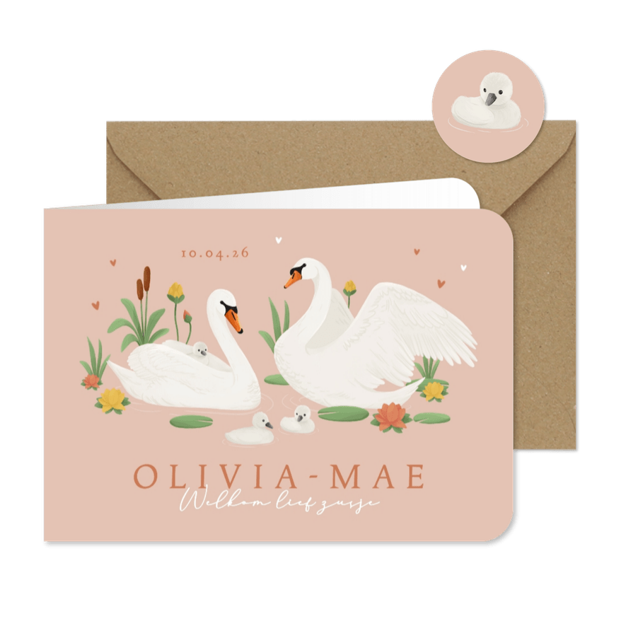Geboortekaartje derde kindje zwanen lief lente zusje - Kaartimpressie