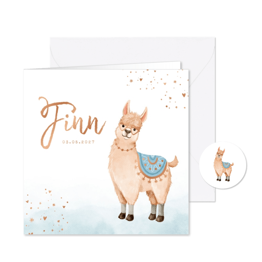 Geboortekaartje dieren alpaca waterverf hartjes koper jongen - Kaartimpressie