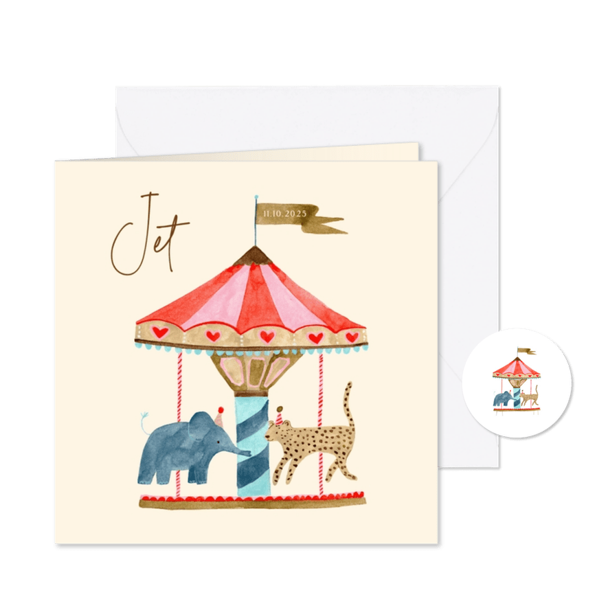 Geboortekaartje dieren carrousel olifant hartjes - Kaartimpressie