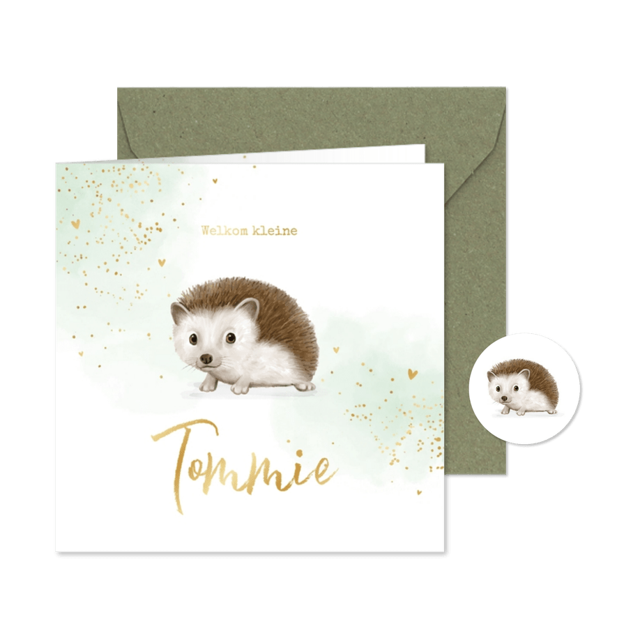 Geboortekaartje dieren egeltje waterverf goud hartjes unisex - Kaartimpressie