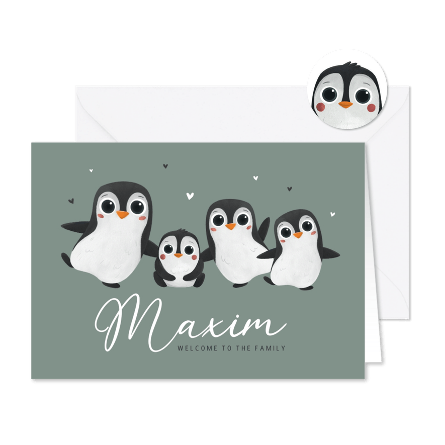 Geboortekaartje dieren groot gezin pinguïns winter hartjes - Kaartimpressie