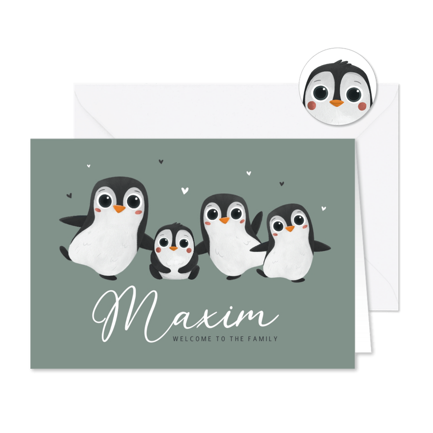 Geboortekaartje dieren groot gezin pinguïns winter hartjes - Kaartimpressie