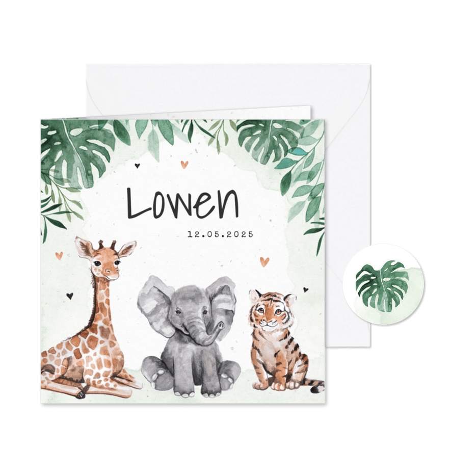 Geboortekaartje dieren jungle giraf olifant tijger waterverf - Kaartimpressie