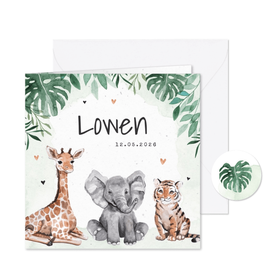 Geboortekaartje dieren jungle giraf olifant tijger waterverf - Kaartimpressie
