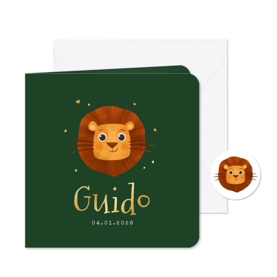 Geboortekaartje dieren leeuw jungle groen hartjes goud - Kaartimpressie