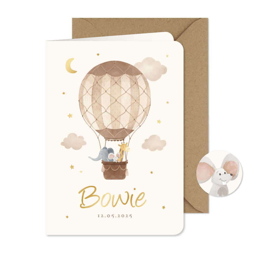 Geboortekaartje dieren luchtballon vintage wolkjes sterren - Kaartimpressie