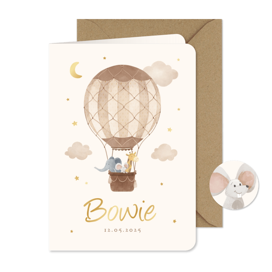 Geboortekaartje dieren luchtballon vintage wolkjes sterren - Kaartimpressie