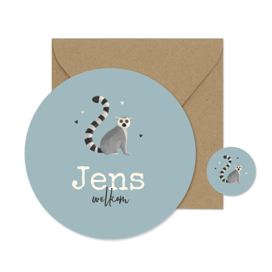 Geboortekaartje dieren maki stoer lief origineel cirkelvorm - Kaartimpressie
