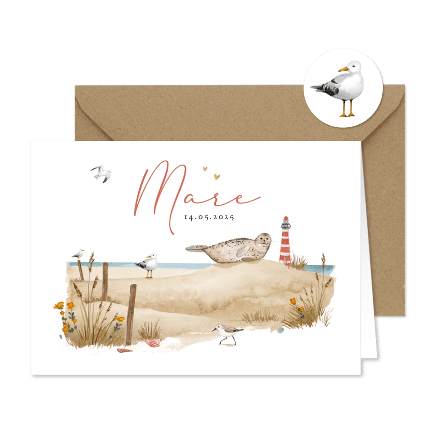 Geboortekaartje dieren strand zee vogels schelpen vuurtoren - Kaartimpressie