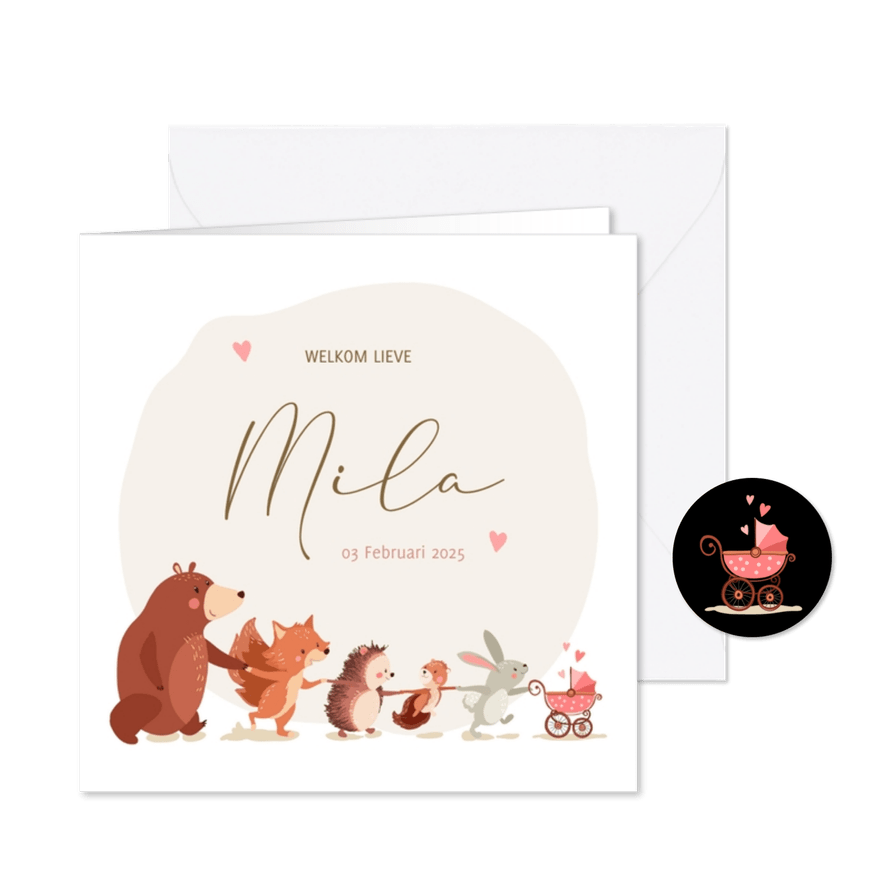 Geboortekaartje dieren uit het bos met kinderwagen - Kaartimpressie