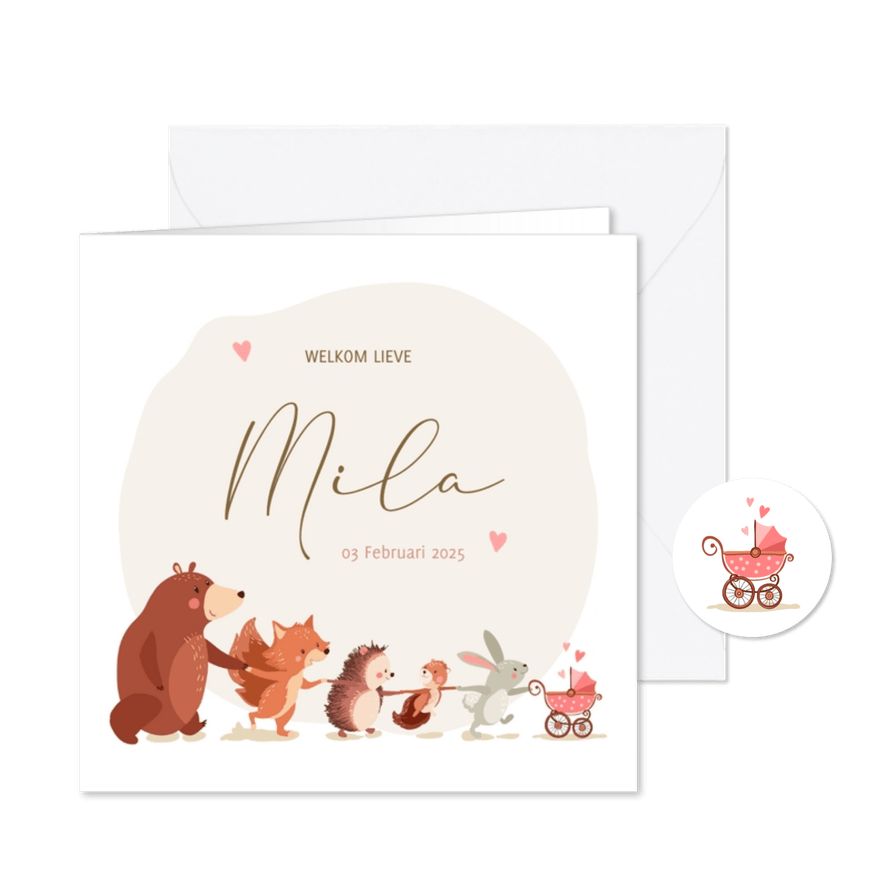 Geboortekaartje dieren uit het bos met kinderwagen - Kaartimpressie