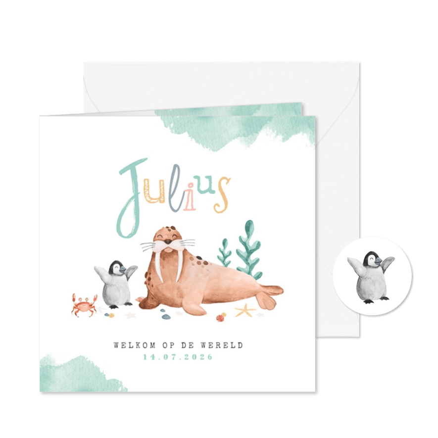 Geboortekaartje dieren walrus pinguïn krab schelp waterverf - Kaartimpressie