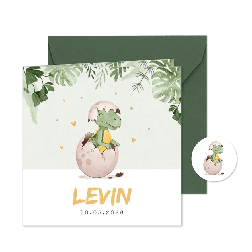 Geboortekaartje dino t-rex jungle hartjes waterverf - Kaartimpressie