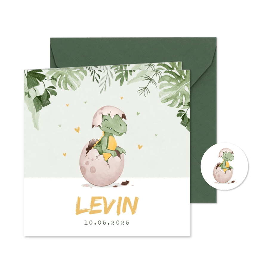 Geboortekaartje dino t-rex jungle hartjes waterverf - Kaartimpressie