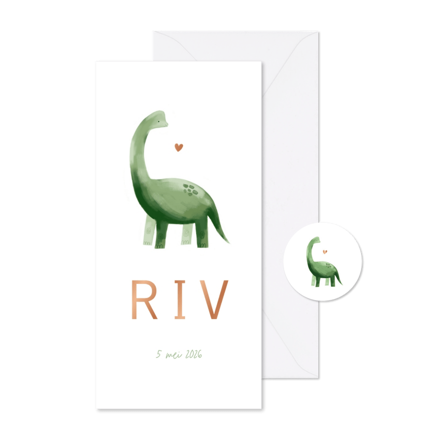 Geboortekaartje dinosaurus illustratie hartje koper jongen - Kaartimpressie