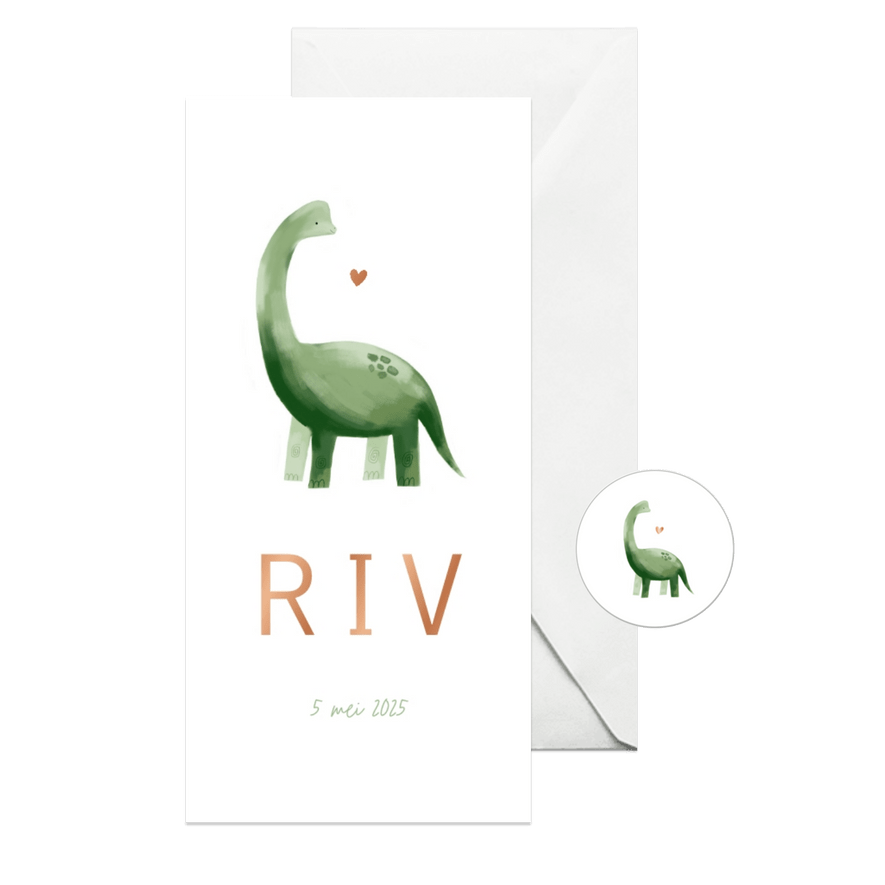 Geboortekaartje dinosaurus illustratie hartje koper jongen - Kaartimpressie