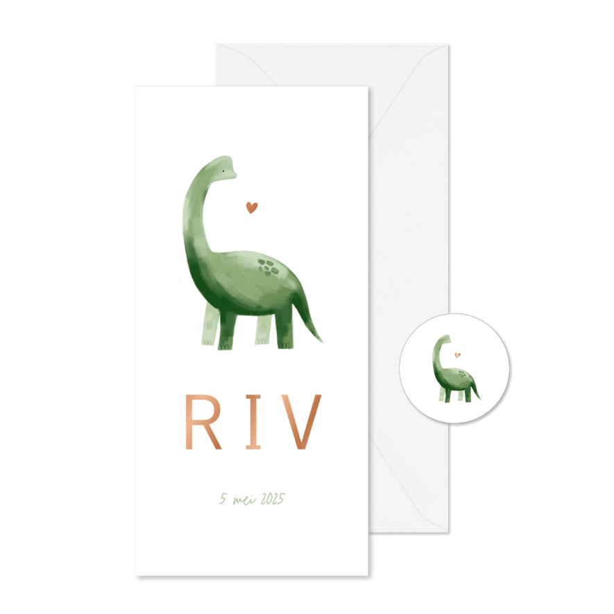 Geboortekaartje dinosaurus illustratie hartje koper jongen - Kaartimpressie