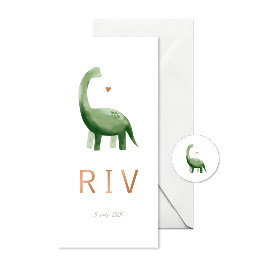 Geboortekaartje dinosaurus illustratie hartje koper jongen - Kaartimpressie