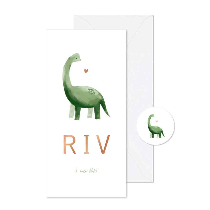Geboortekaartje dinosaurus illustratie hartje koper jongen - Kaartimpressie