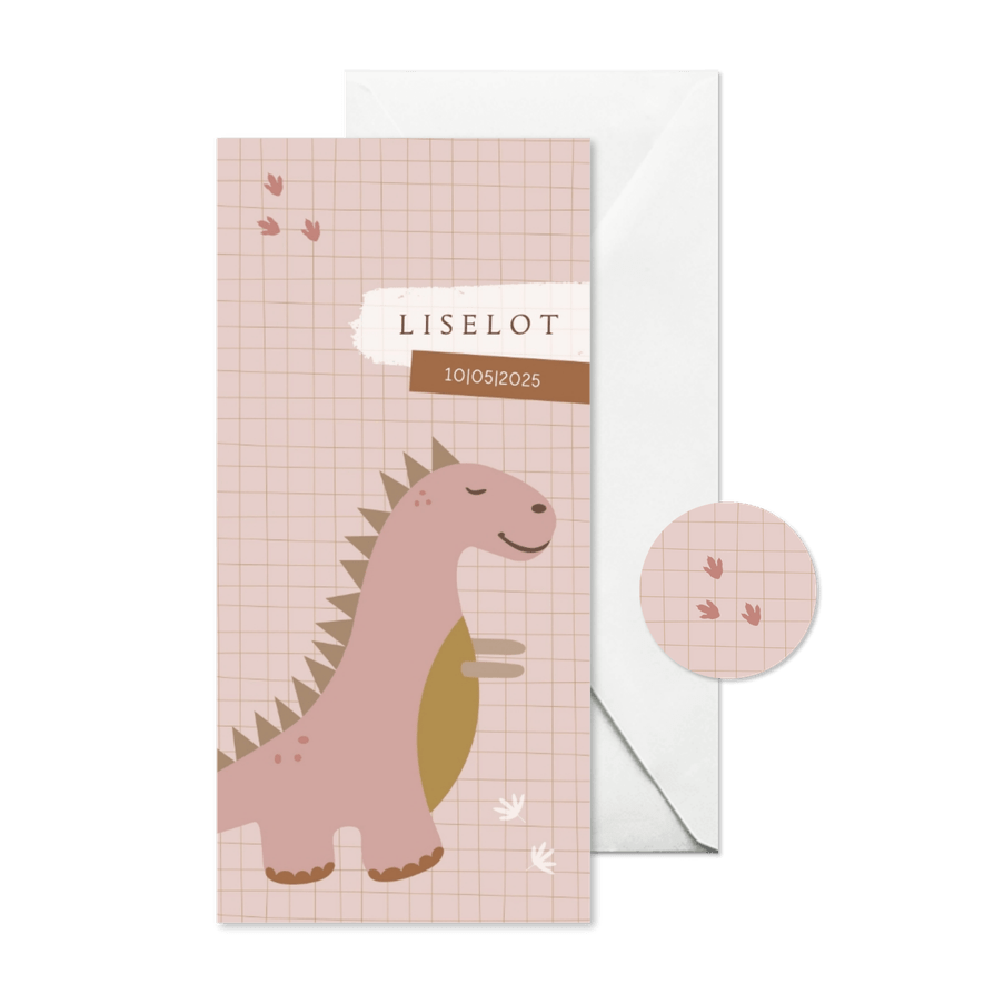 Geboortekaartje dinosaurus t-rex roze - Kaartimpressie