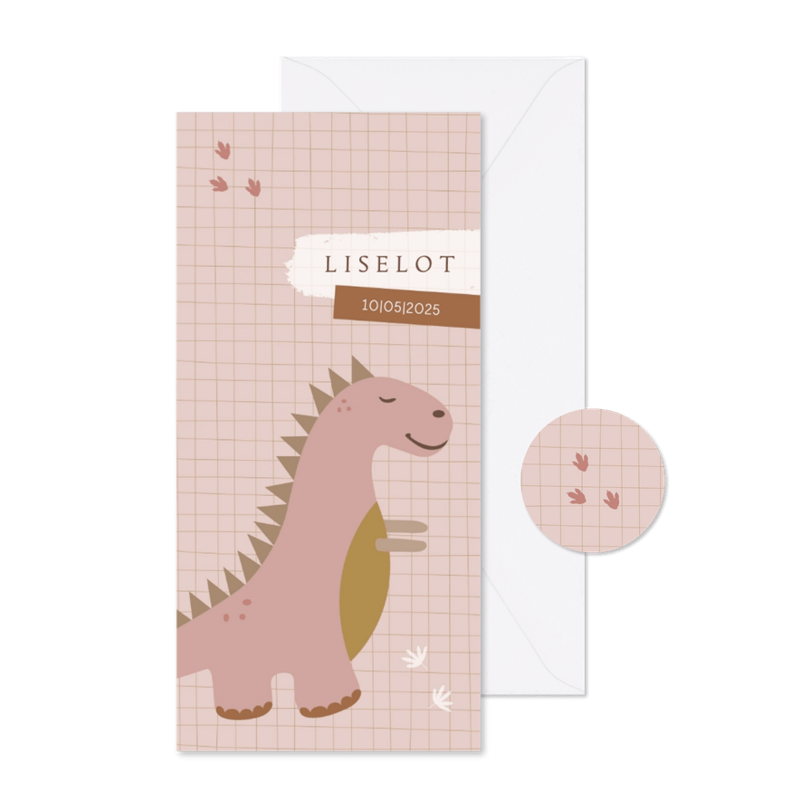 Geboortekaartje dinosaurus t-rex roze - Kaartimpressie
