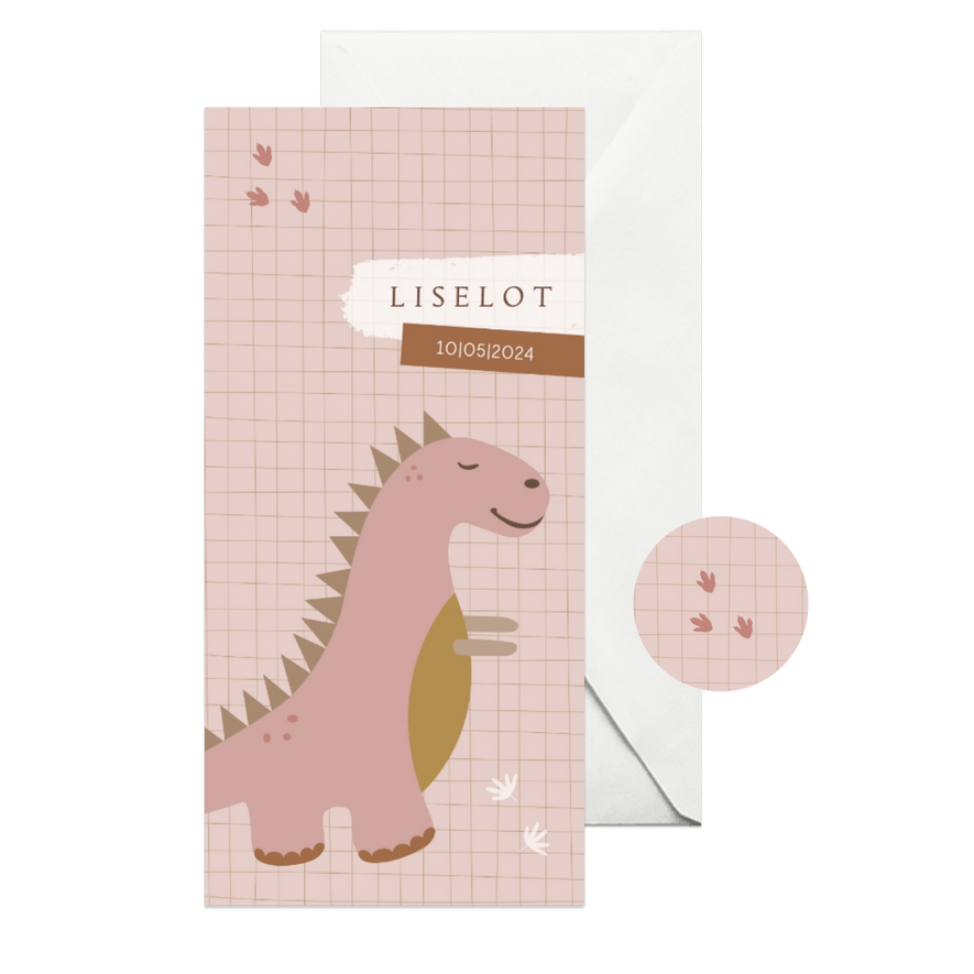 Geboortekaartje dinosaurus t-rex roze - Kaartimpressie