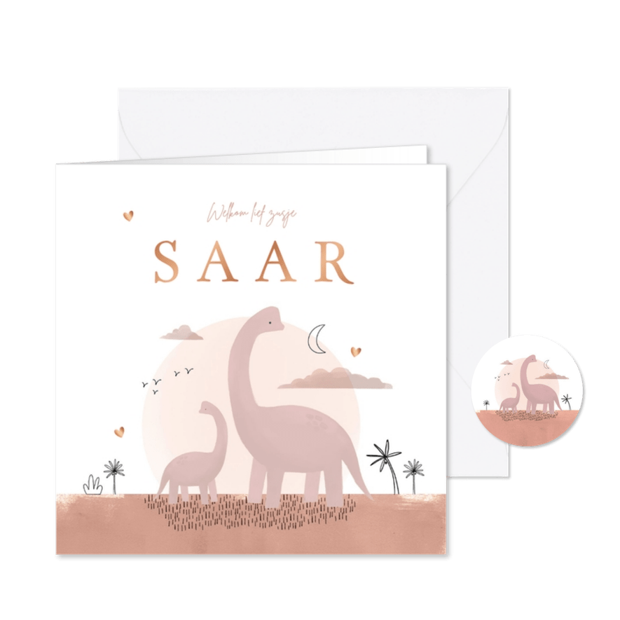 Geboortekaartje dinosaurus zusje maan hartjes koper - Kaartimpressie