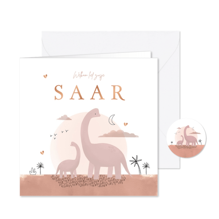 Geboortekaartje dinosaurus zusje maan hartjes koper - Kaartimpressie