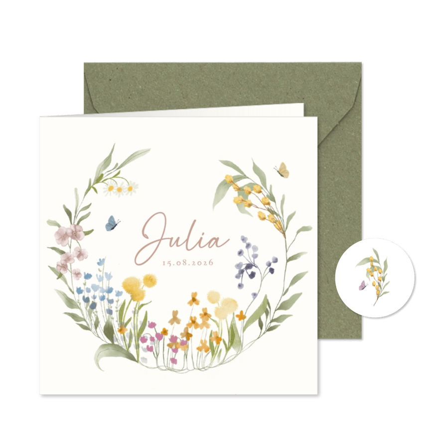 Geboortekaartje dochter met bloemen in aquarel - Kaartimpressie