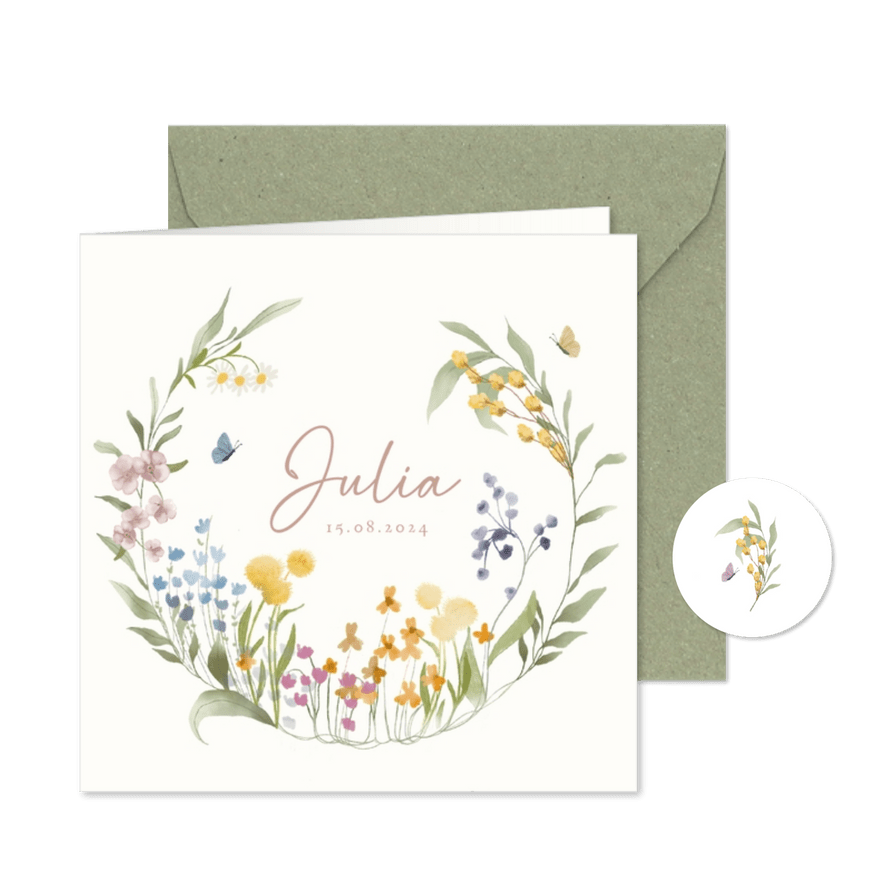 Geboortekaartje dochter met bloemen in aquarel - Kaartimpressie