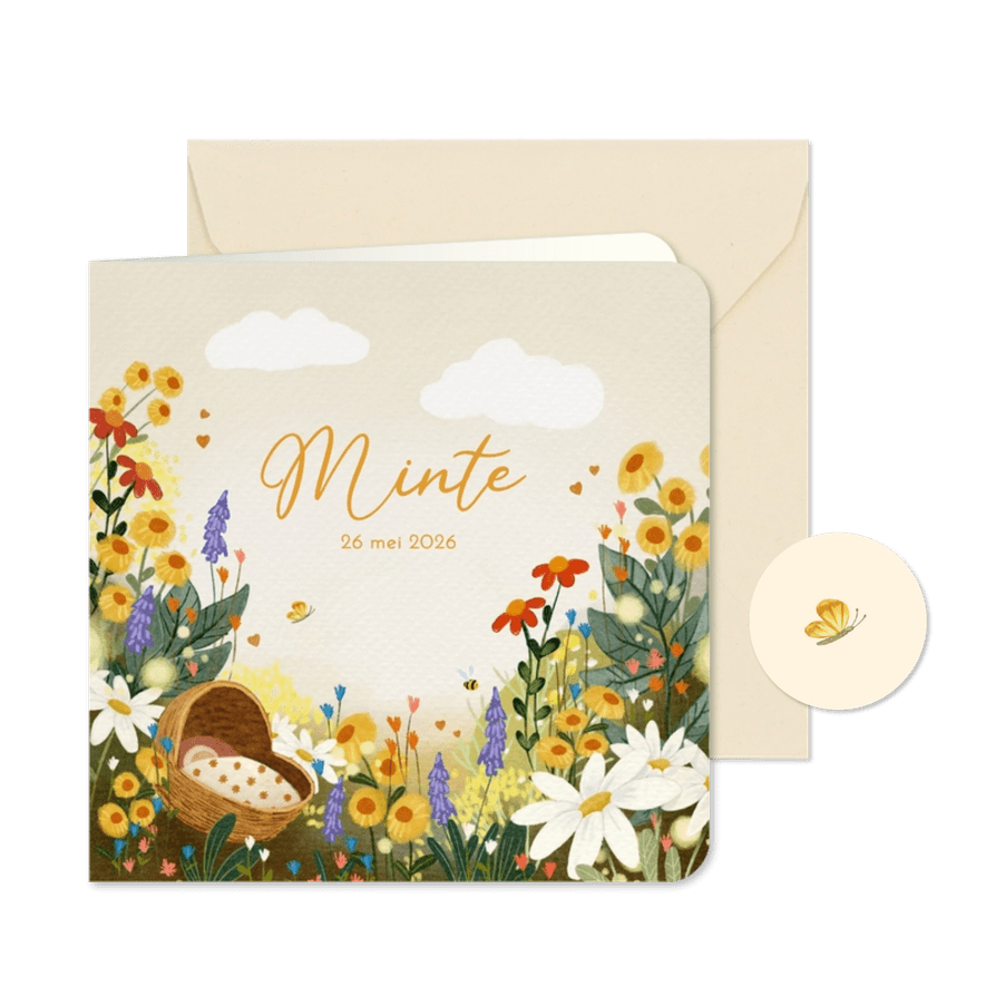 Geboortekaartje dochter met kleurrijke bloemen en vlindertje - Kaartimpressie