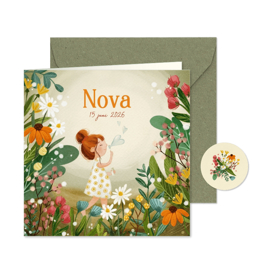 Geboortekaartje dochter met meisje die hartjes bellen blaast - Kaartimpressie