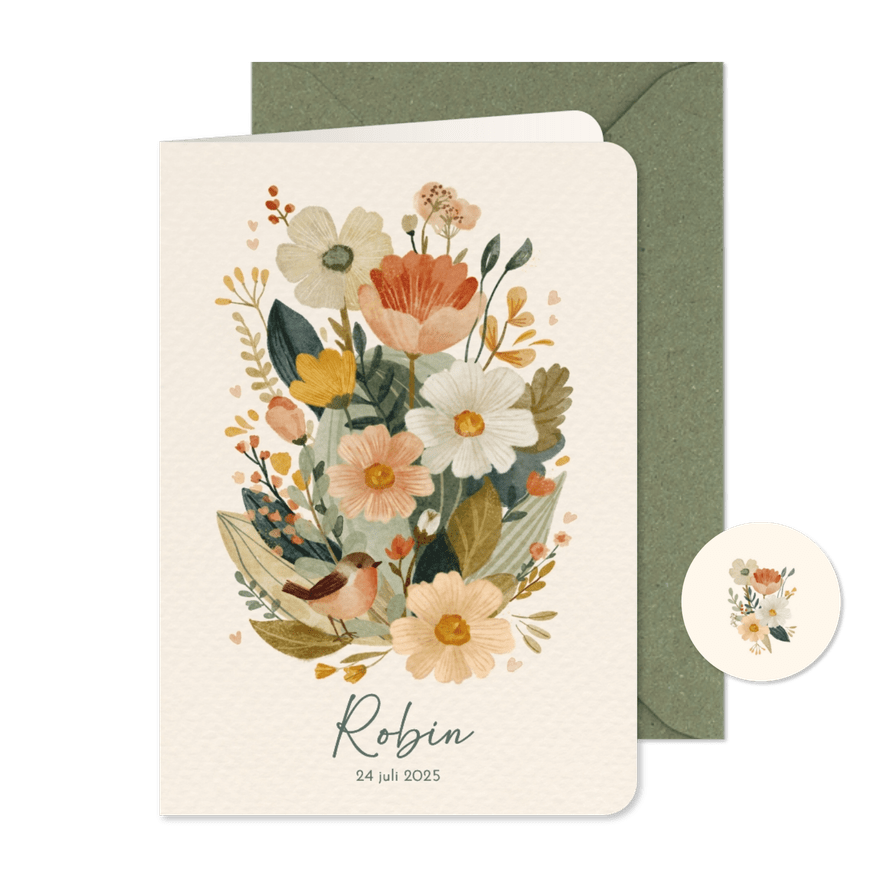 Geboortekaartje dochter met stijlvolle bloemen en vogeltje - Kaartimpressie