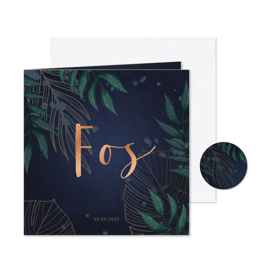 Geboortekaartje donkerblauw met jungle bladeren - Kaartimpressie