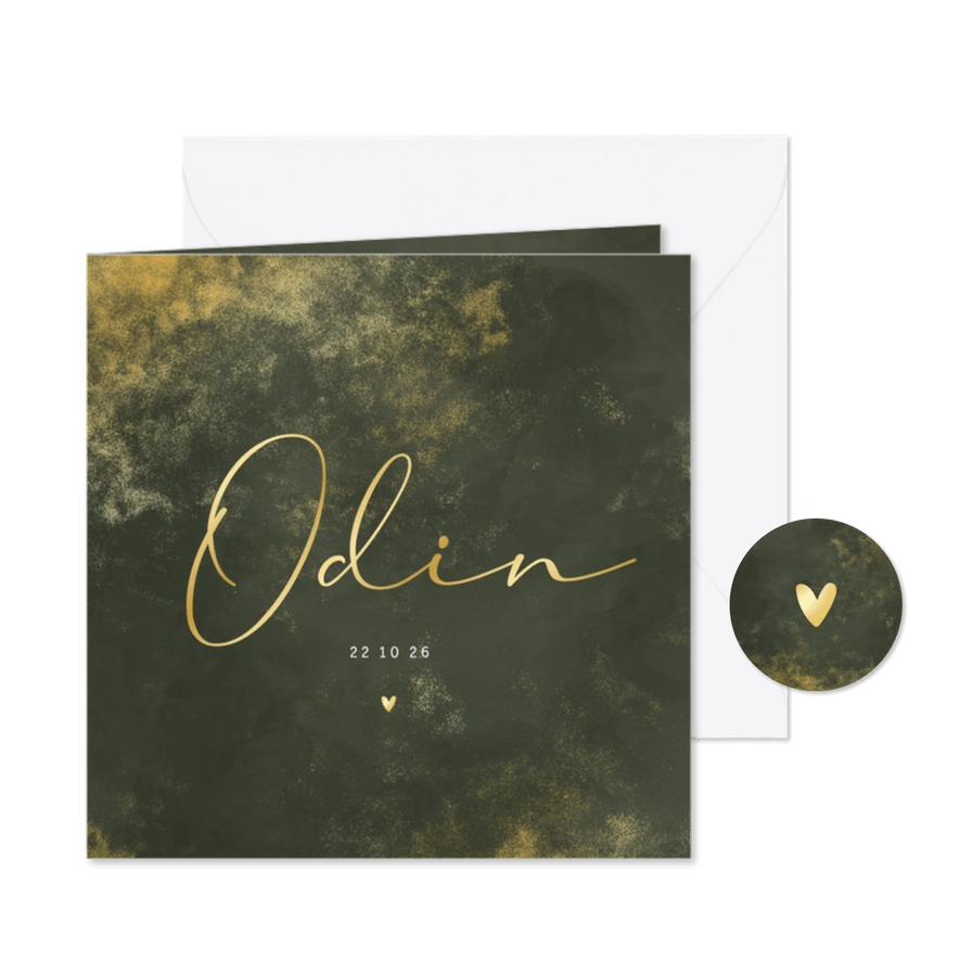 Geboortekaartje donkergroene waterverf gouden poeder - Kaartimpressie