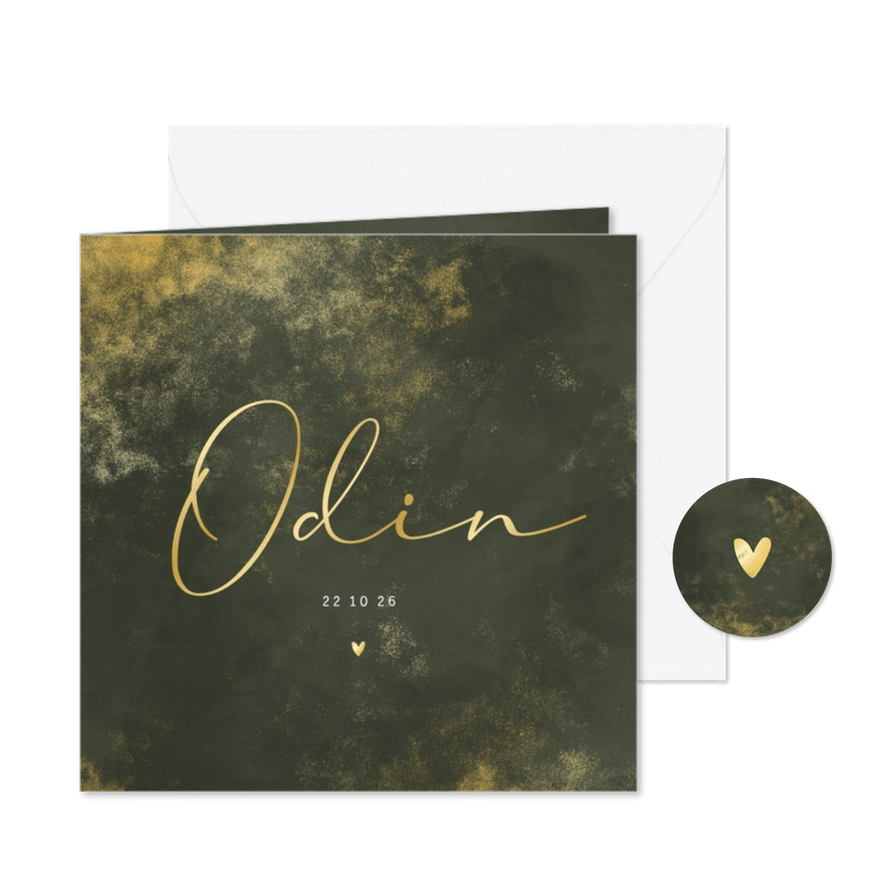 Geboortekaartje donkergroene waterverf gouden poeder - Kaartimpressie