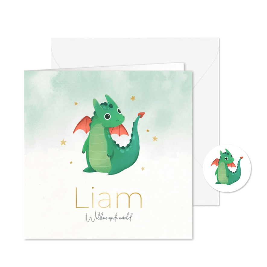 Geboortekaartje draakje waterverf sterren groen goud - Kaartimpressie