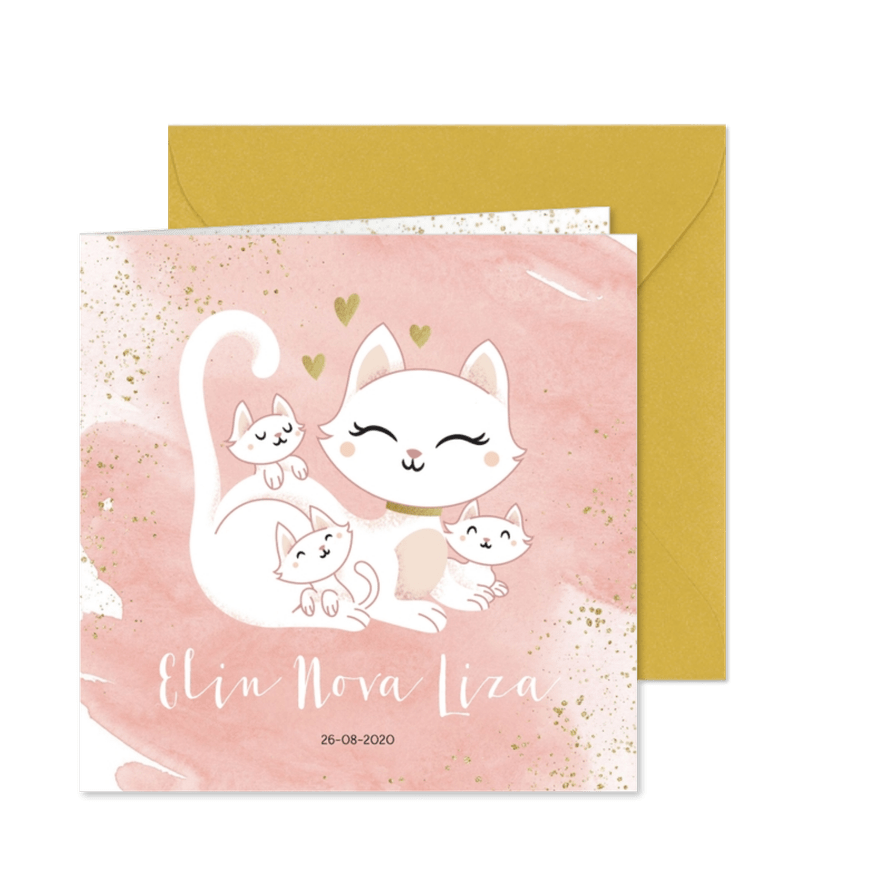 Geboortekaartje drieling meerling meisjes poes met kittens - Kaartimpressie