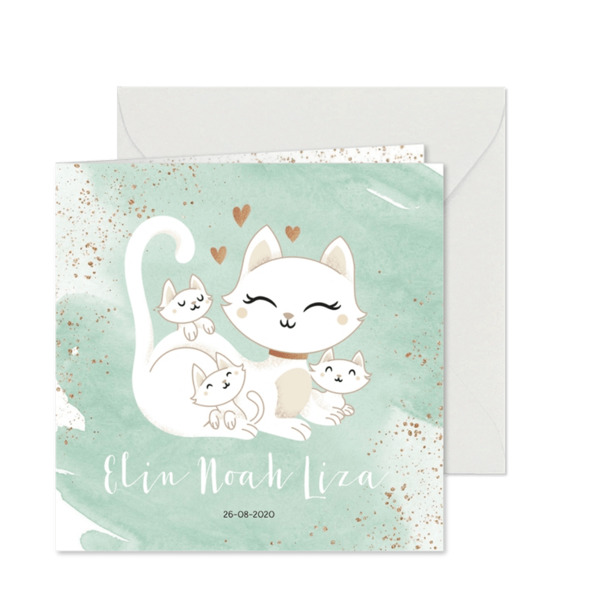 Geboortekaartje drieling meerling neutraal poes met kittens - Kaartimpressie