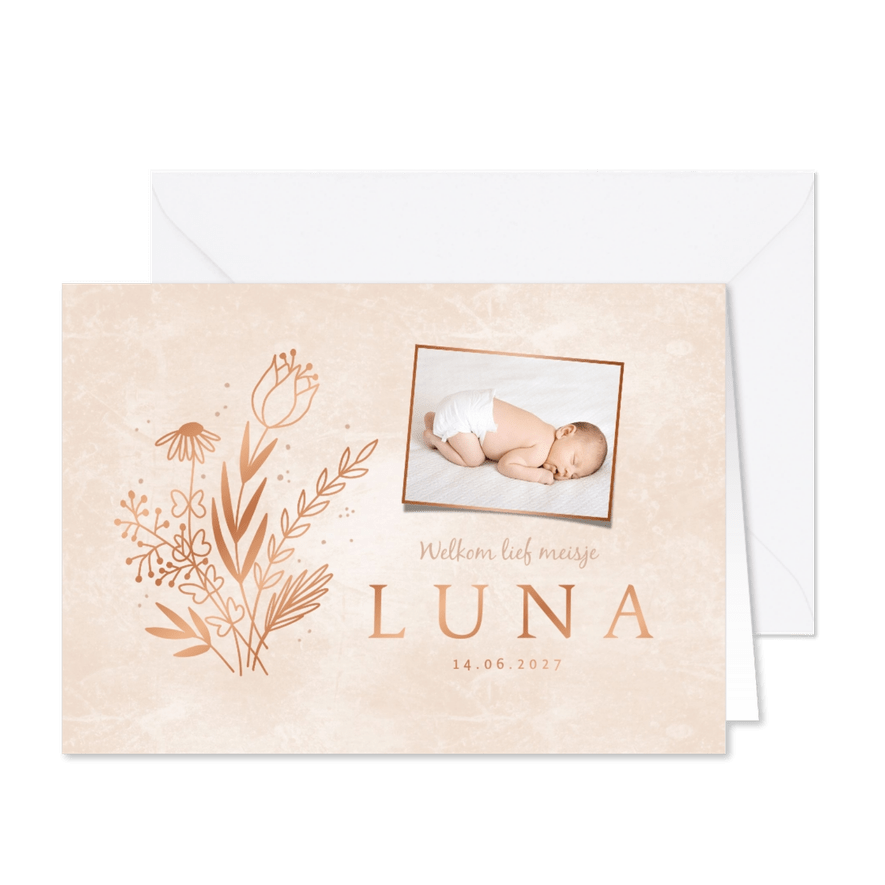 Geboortekaartje droogbloem line art zand meisje foto - Kaartimpressie
