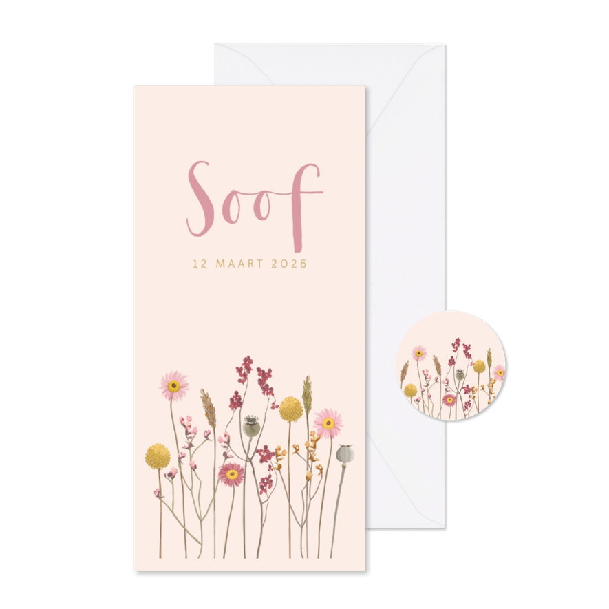 Geboortekaartje droogbloemen roze - Kaartimpressie