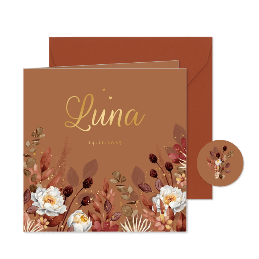 Geboortekaartje droogbloemen waterverf bruin - Kaartimpressie