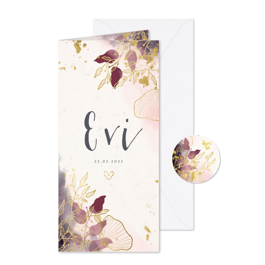 Geboortekaartje dubbel stijlvol met waterverf en bloemen - Kaartimpressie