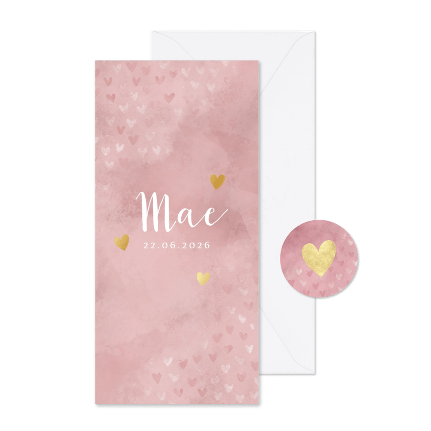 Geboortekaartje dwarrelende hartjes roze waterverf - Kaartimpressie