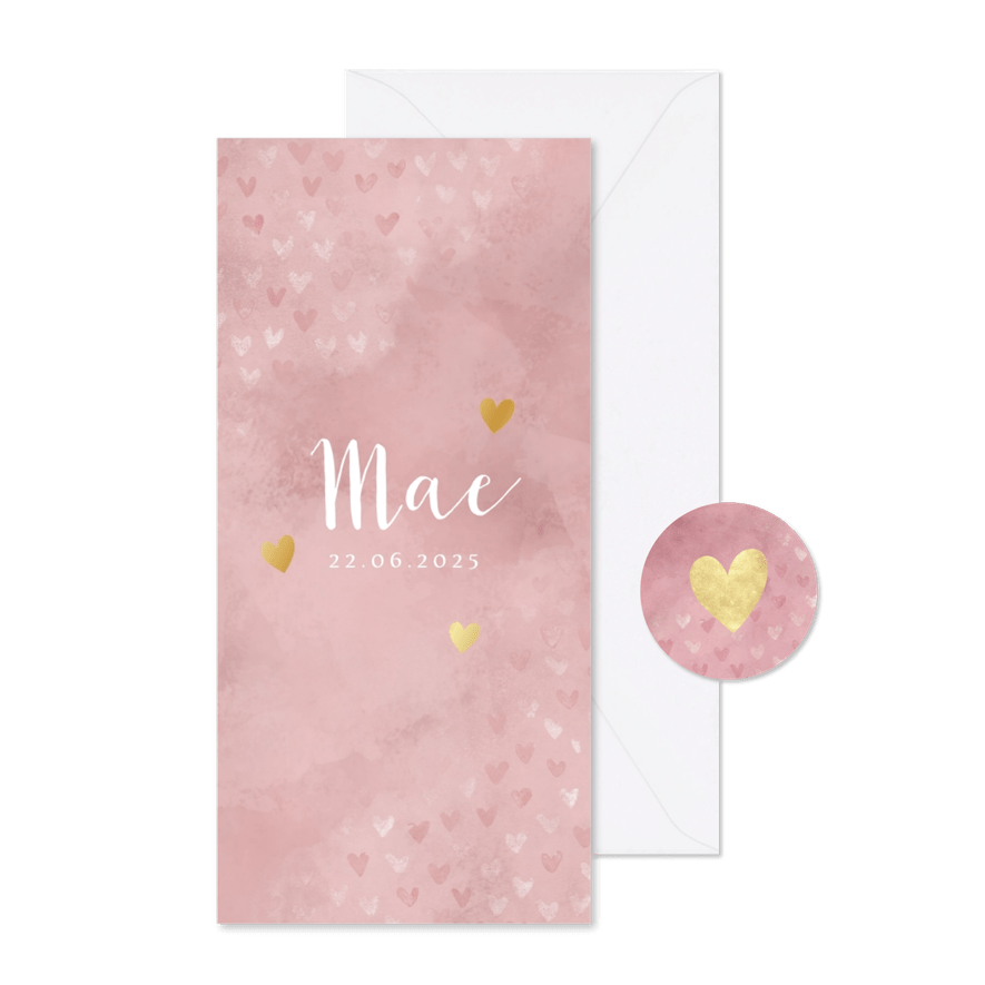 Geboortekaartje dwarrelende hartjes roze waterverf - Kaartimpressie