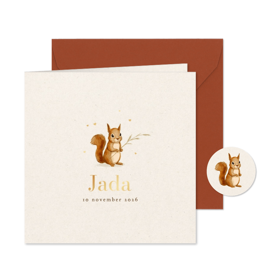 Geboortekaartje eekhoorn herfst unisex hartjes goud lief - Kaartimpressie